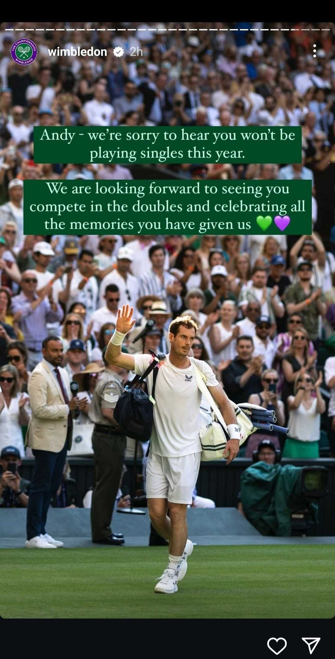 Wimbledon&#039;s message for Andy Murray. (Source: Instagram @wimbledon)