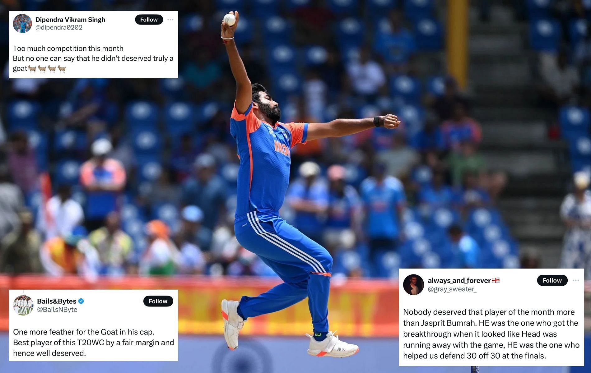 Jasprit Bumrah piped Rohit Sharma and Rahmanullah Gurbaz for the ICC Player of the Month award.