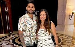 [Watch] Suryakumar Yadav and wife Devisha Shetty share a cute moment while posing for photos at Anant Ambani-Radhika Merchant's sangeet ceremony