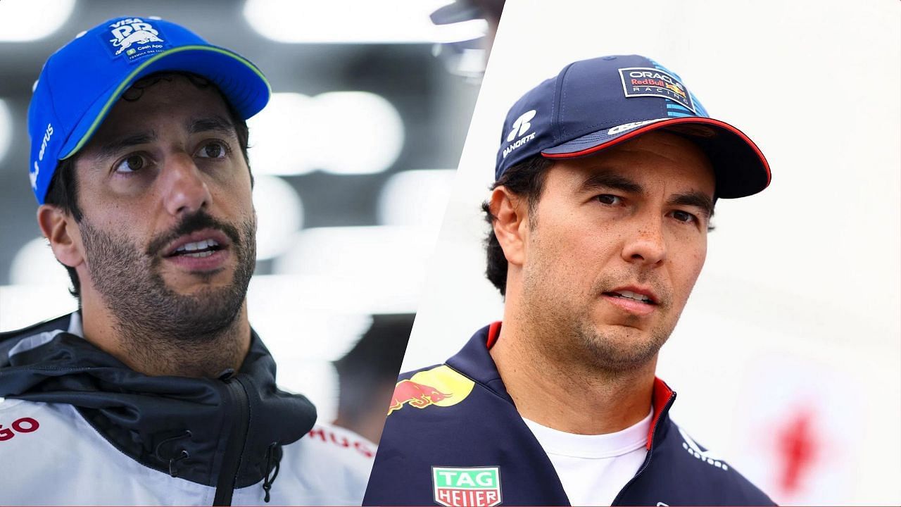 Daniel Ricciardo looks on (L), Sergio Perez (R). Image courtesy: All images from Getty