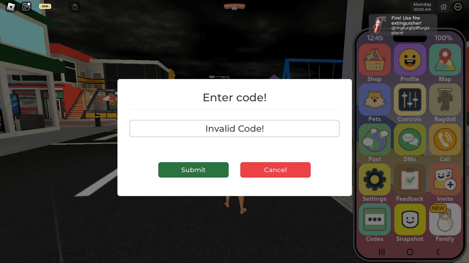 Troubleshoot codes in Redcliff City RP (Image via Roblox)