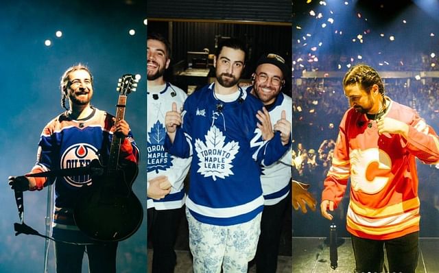 Singer Noah Kahan performing in different NHL jerseys (Credit: NHL on IG)