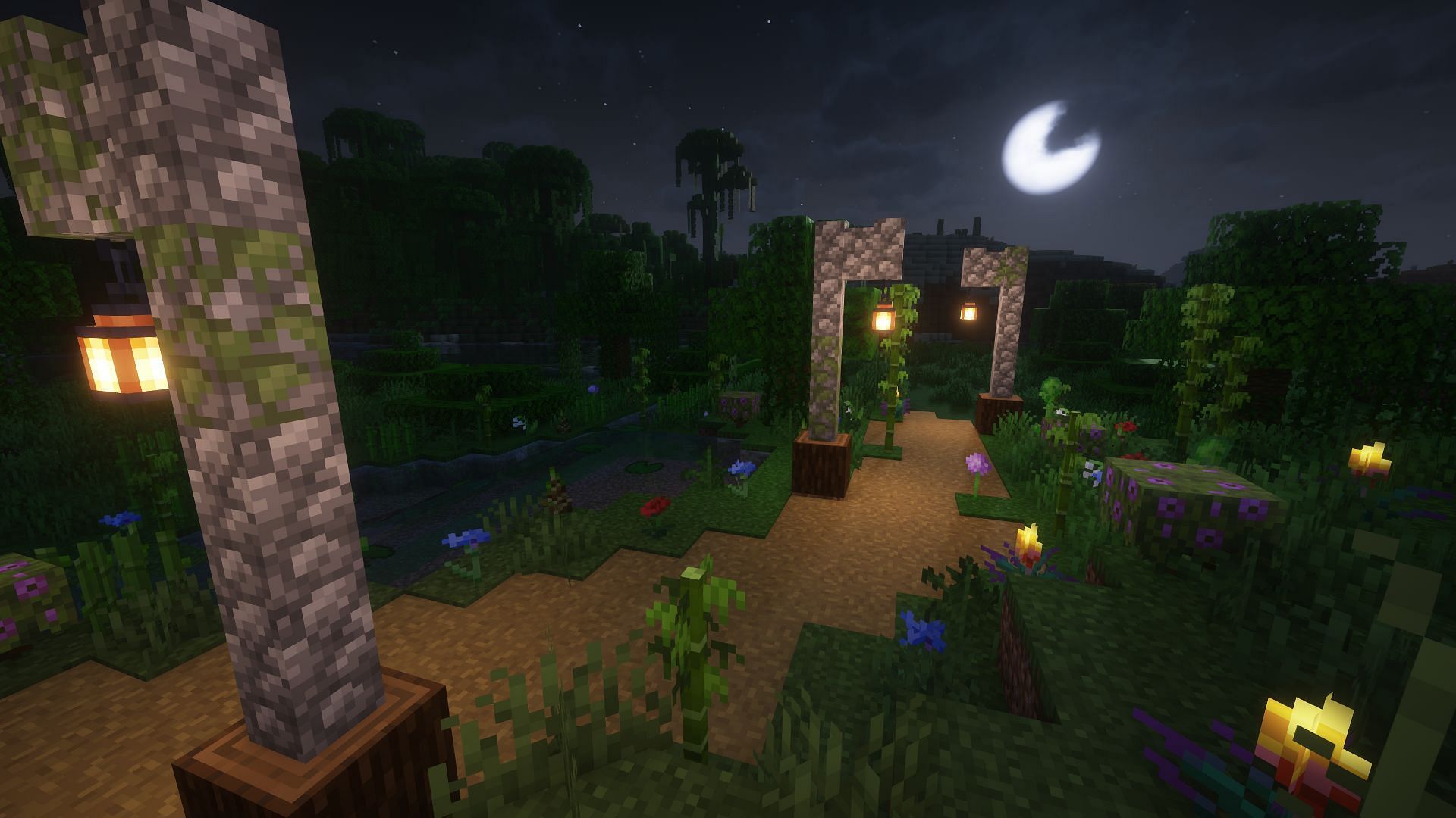 A pathway with a wild garden next to it (Image via Mojang)