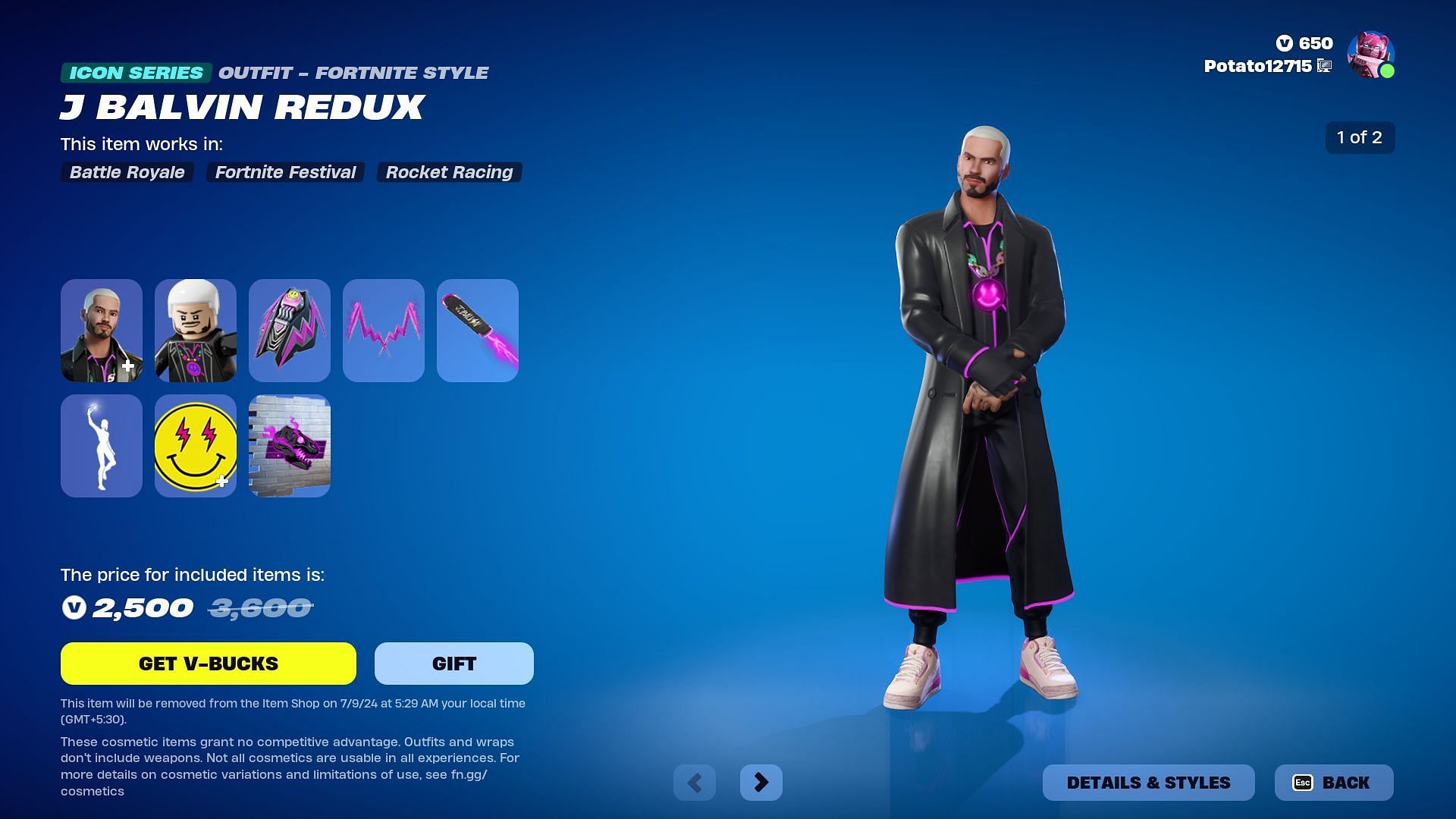 Both J Balvin skins in Fortnite will remain listed until July 9, 2024 (Image via Epic Games)