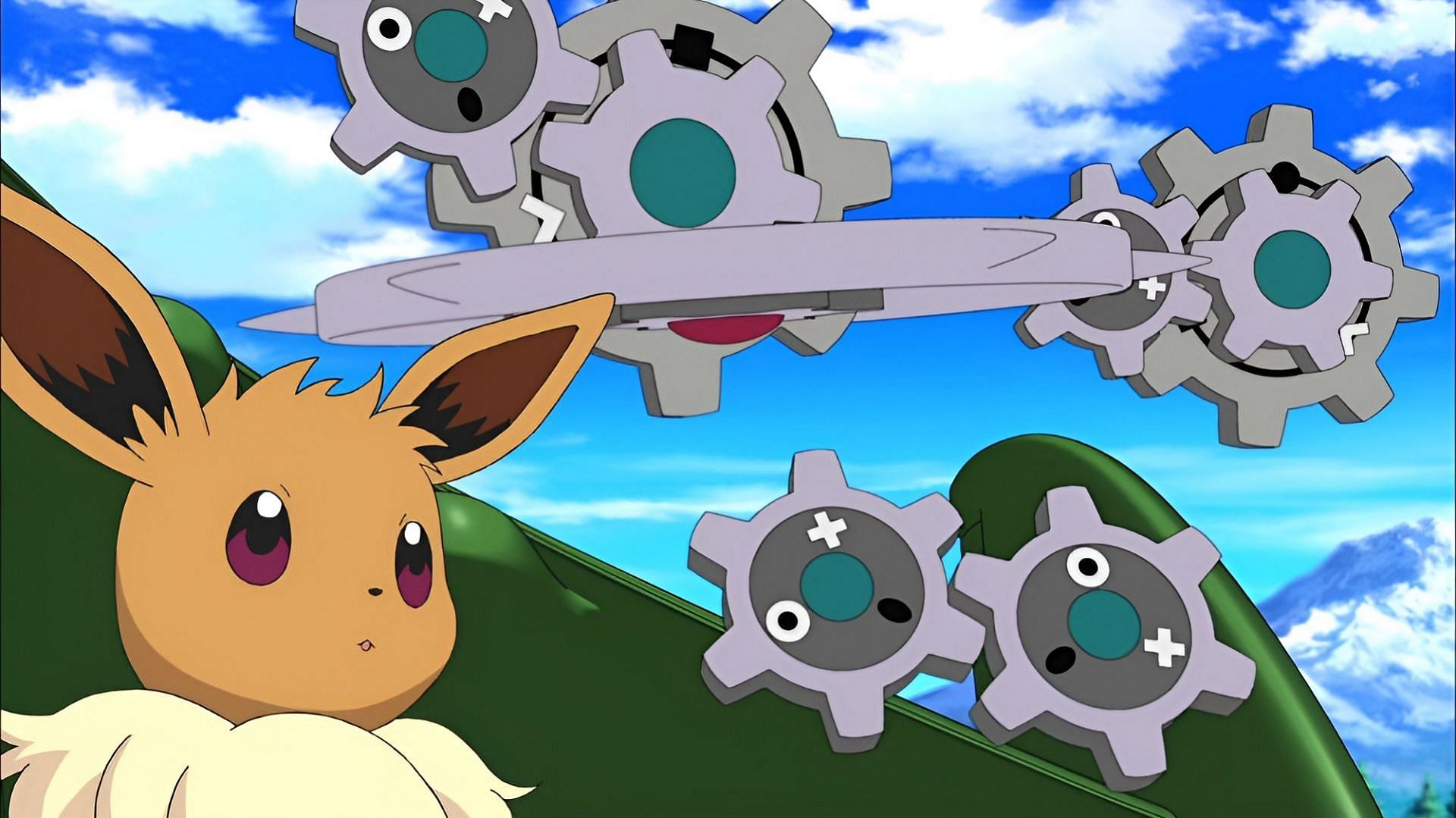 Klink, Klang, and Eevee in the Pokemon anime (Image via The Pokemon Company)