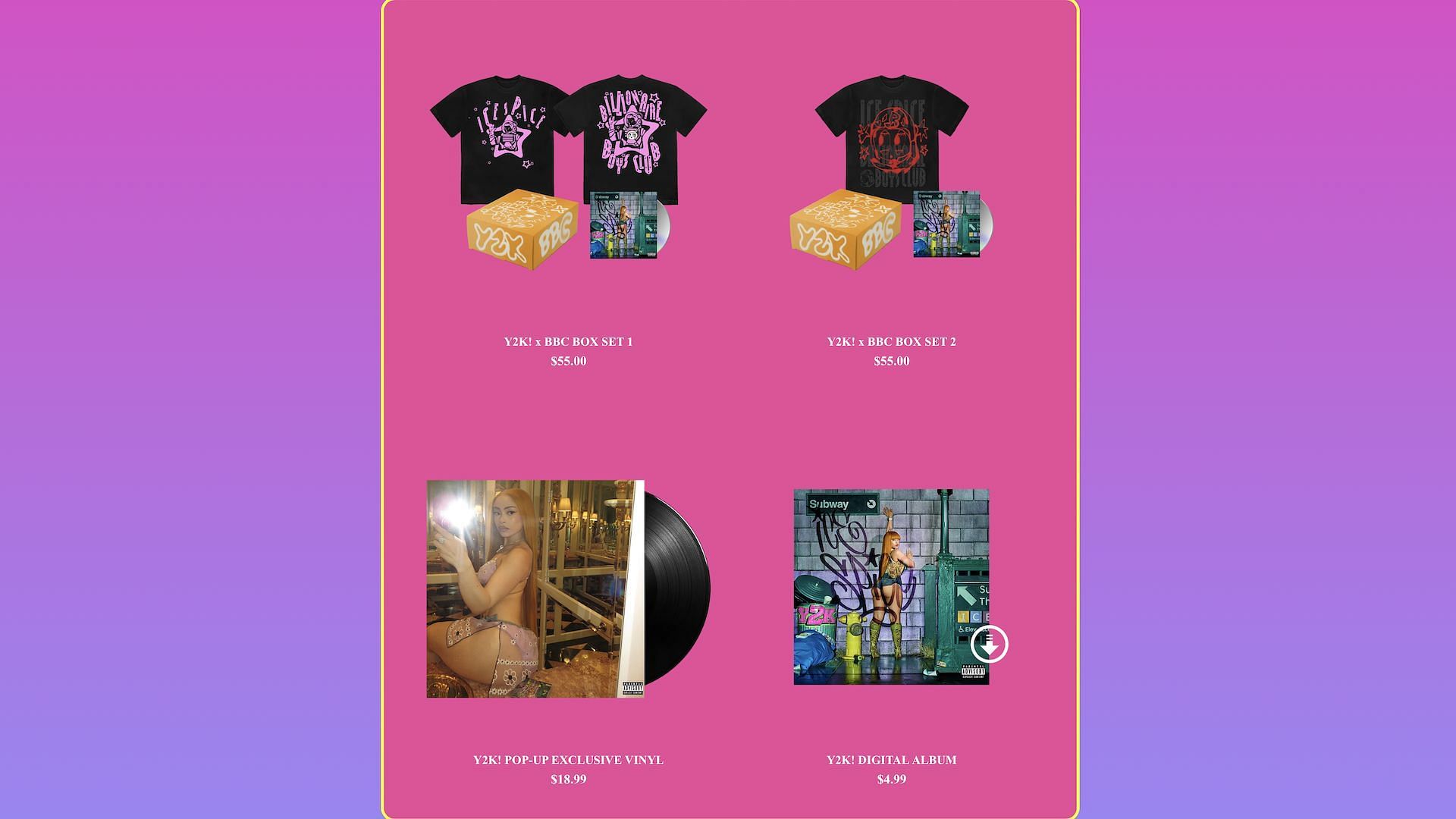 A screenshot of Ice Spice&#039;s official pop-up store for exclusive merch from her upcoming debut studio album &#039;Y2K!&#039; (Image via popup.icespicemusic.com)