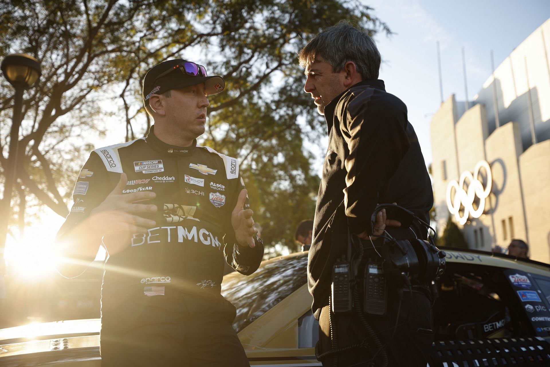 Kyle Busch, driver of the #8 BetMGM Chevrolet, and crew chief Randall Burnett talk during practice for the NASCAR Clash at the Coliseum at Los Angeles Coliseum (Photo by Jared C. Tilton/Getty Images)