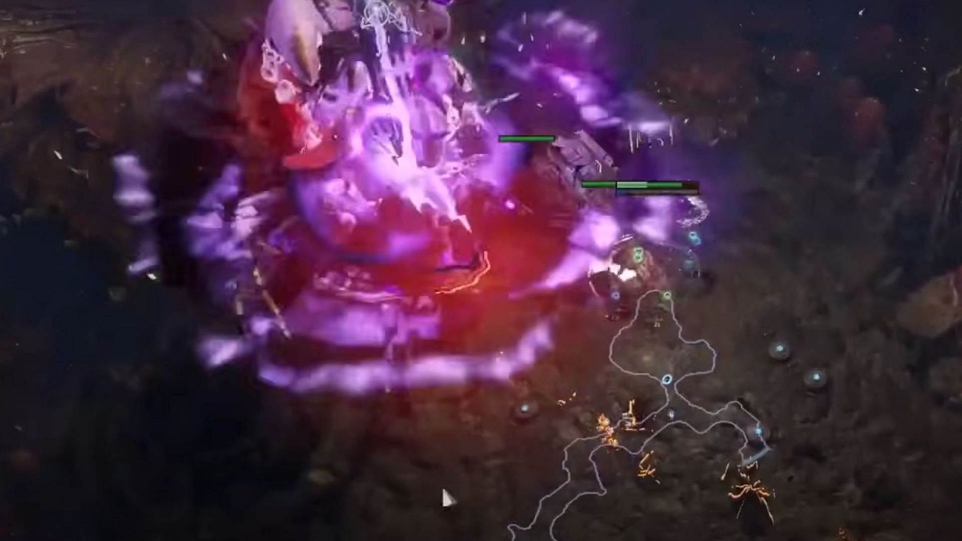 A player detonates several mines against a single enemy (Image via Grinding Gear Games || Ventrua/YouTube)