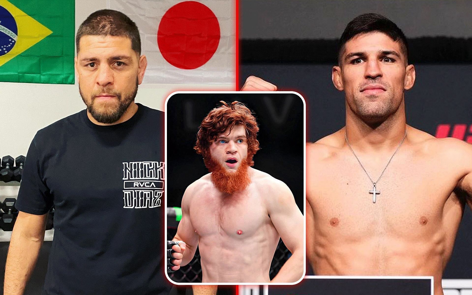 Nick Diaz (left) vs. Vicente Luque (right) is cancelled from UFC Abu Dhabi card prompting Shara Magomedov (inset) to step in on short notice. [Images courtsey: @shara_bullet77, @luquevicente and @nickdiaz209 on Instagram]