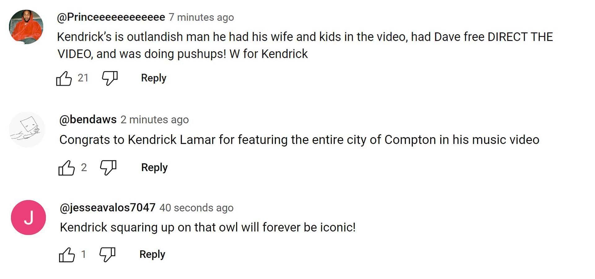 Comments reacting to the video (Image via YouTube/ @Kendrick Lamar)