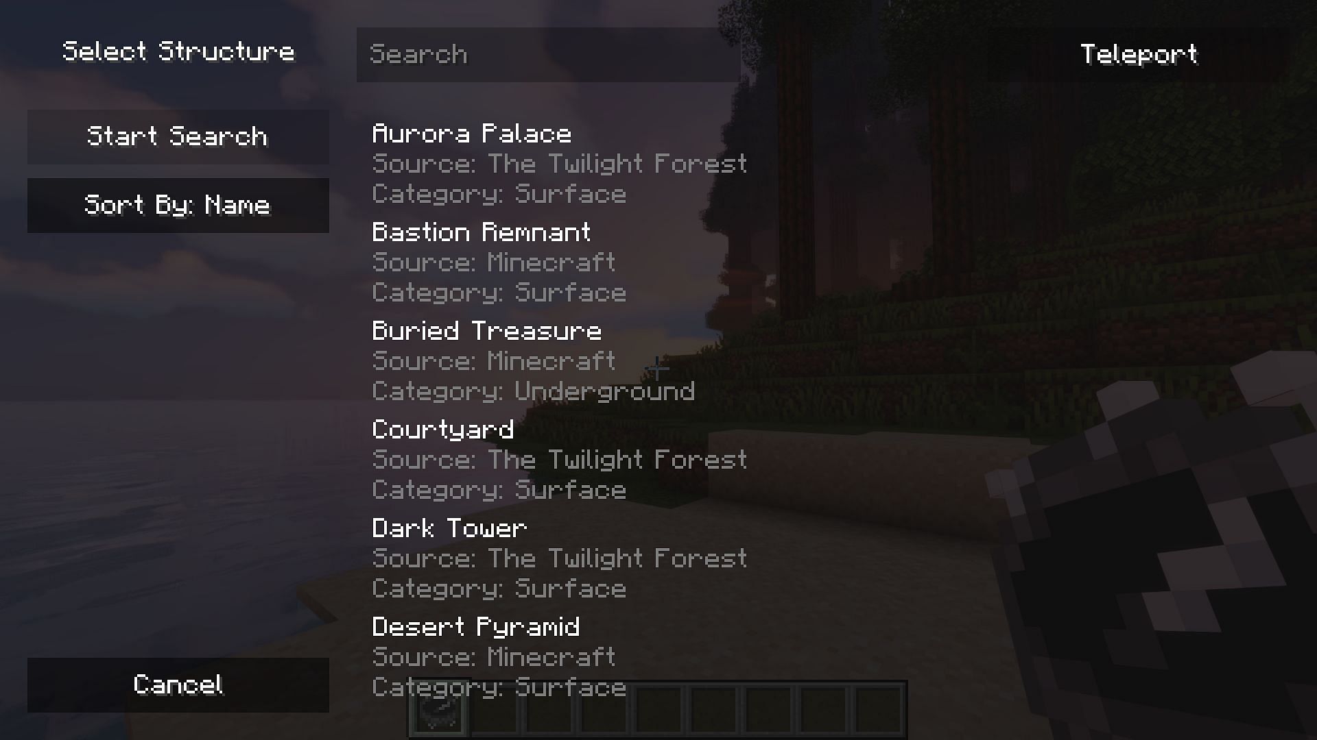 The Explorer Compass&#039; UI, complete with modded and vanilla structures (Image via Chaosyr/Modrinth)