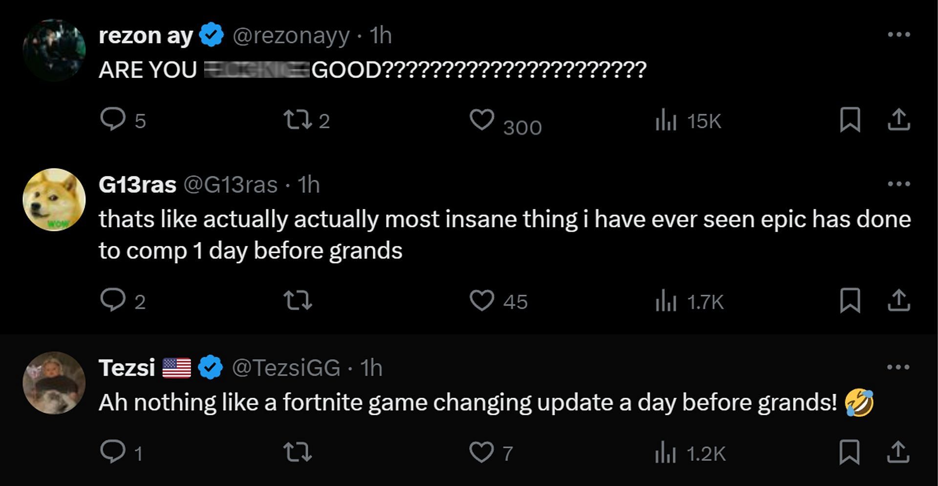 Comments from Fortnite pros (Image via X || @FortniteStatus)