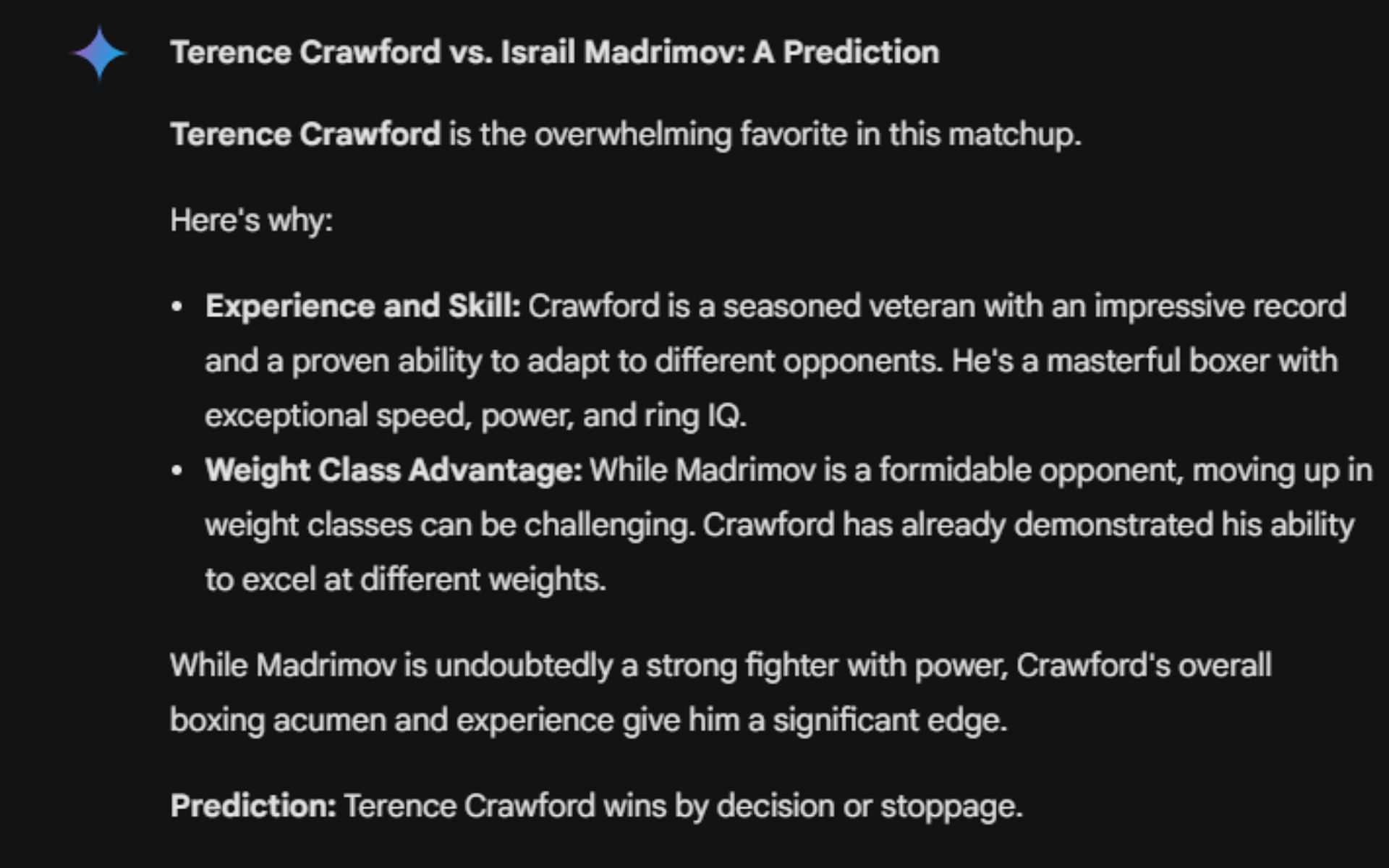 Google&#039;s AI prediction for Terence Crawford vs. Israil Madrimov