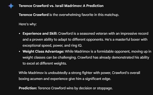 Google's AI prediction for Terence Crawford vs. Israil Madrimov