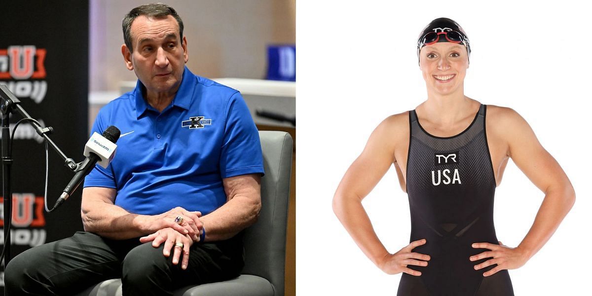 Coach K graces the USA Olympic swimmers open training with his presence. (Both images Getty)