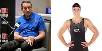 Coach Michael Krzyzewski inspires Katie Ledecky and the U.S. Olympic Swimming Team during an open training session as they prepare to head to Paris