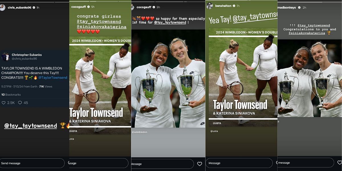 Coco Gauff, Ben Shelton, Christopher Eubanks, Madison Keys congratulate Taylor Townsend on Instagram