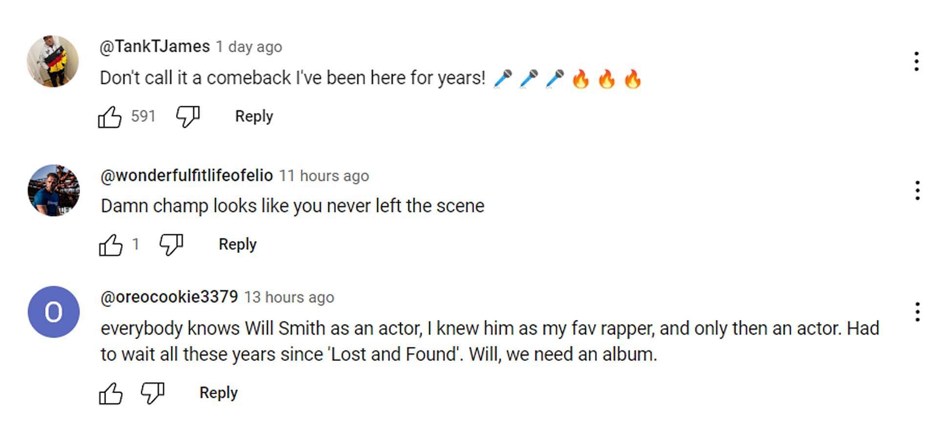 Comments reacting to the song (Image via YouTube/@Will Smith)