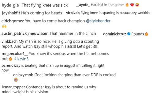 Screenshot of fan reactions to Israel Adesanya's post on Instagram