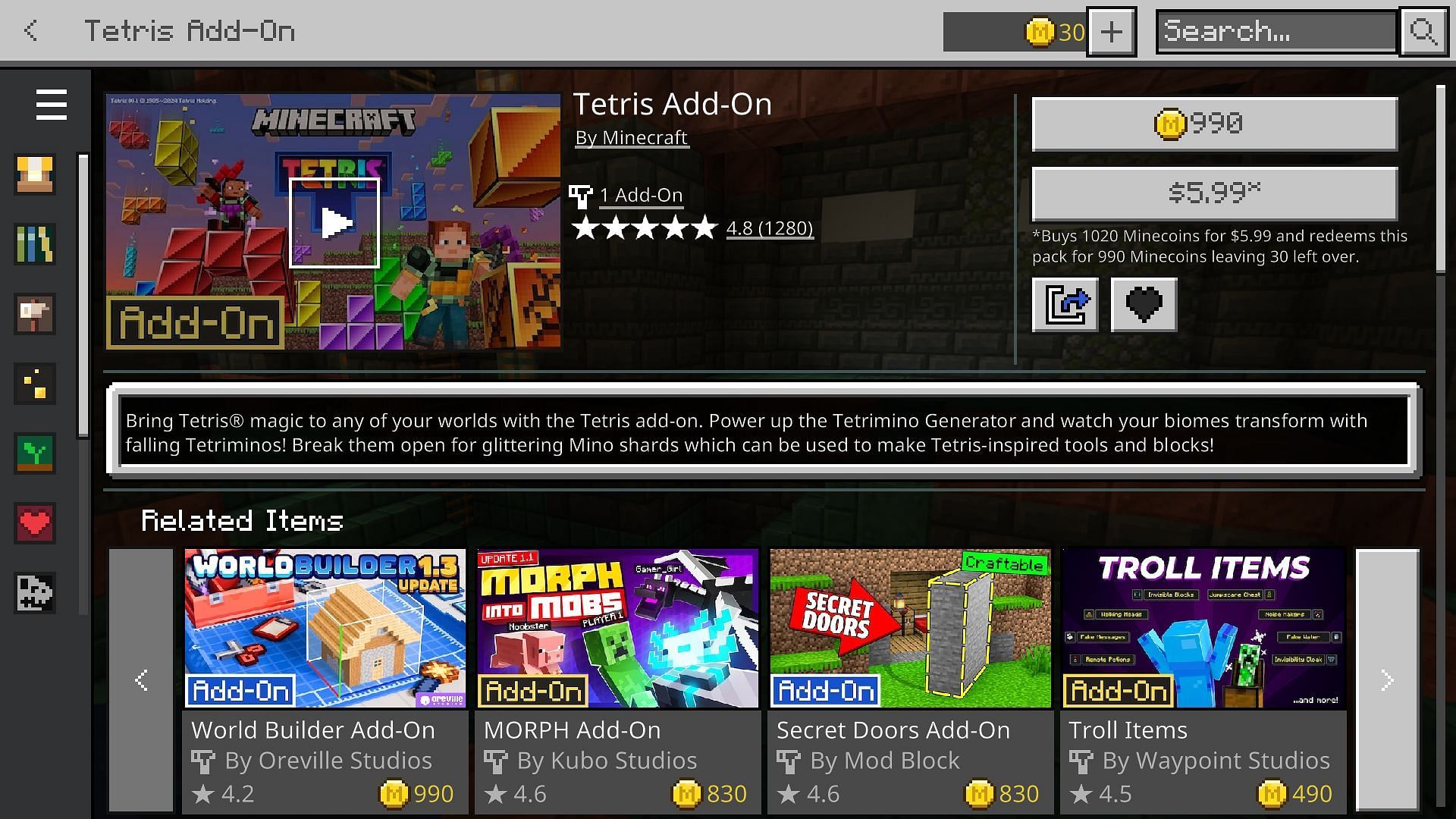 The Tetris add-on can be purchased and downloaded via the Minecraft Marketplace (Image via Mojang)