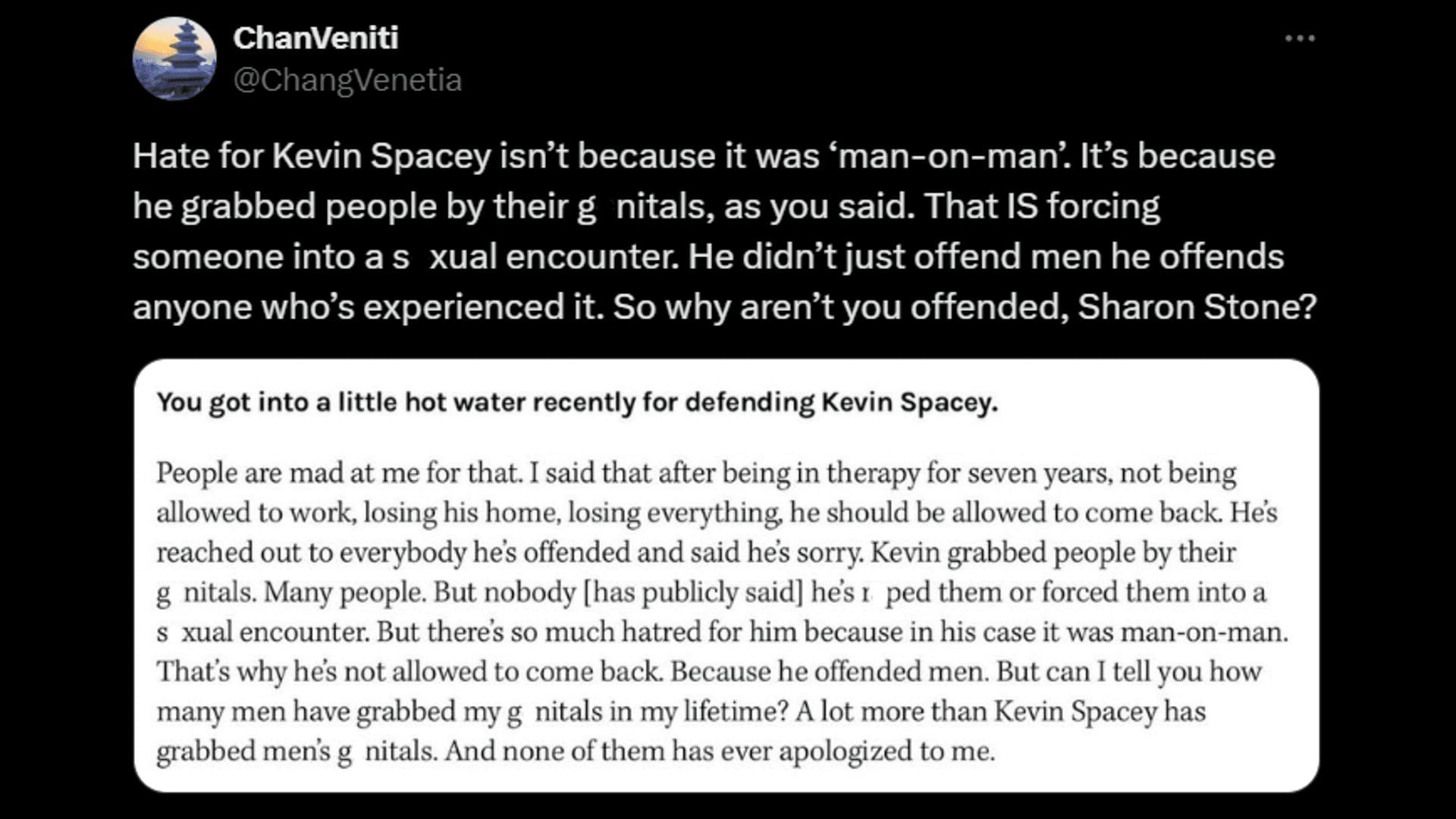 A user calls out Sharon Stone for misinterpreting the Kevin Spacey situation. (Image via X/ChangVenetia)