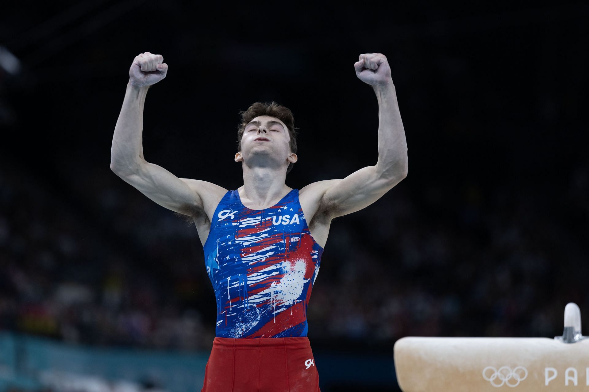 Stephen Nedoroscik of the United States reacts after performing his pommel horse routine during Artistic Gymnastics, Mens Qualification at the Bercy Arena during the 2024 Summer Olympic Games in Paris, France. (Photo by Getty Images)