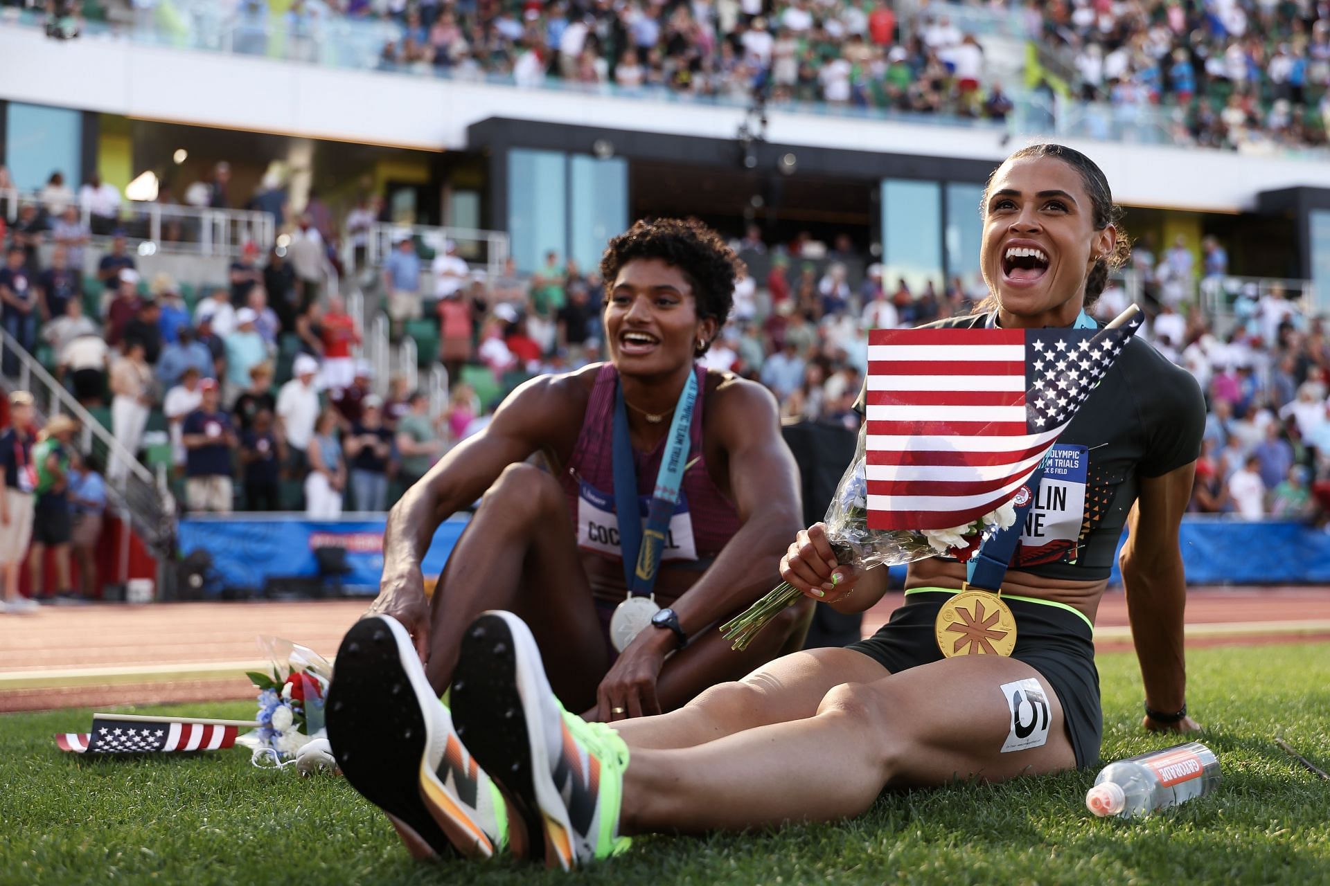 Sydney McLaughlin-Levrone and Anna Cockrell relaxing after the race