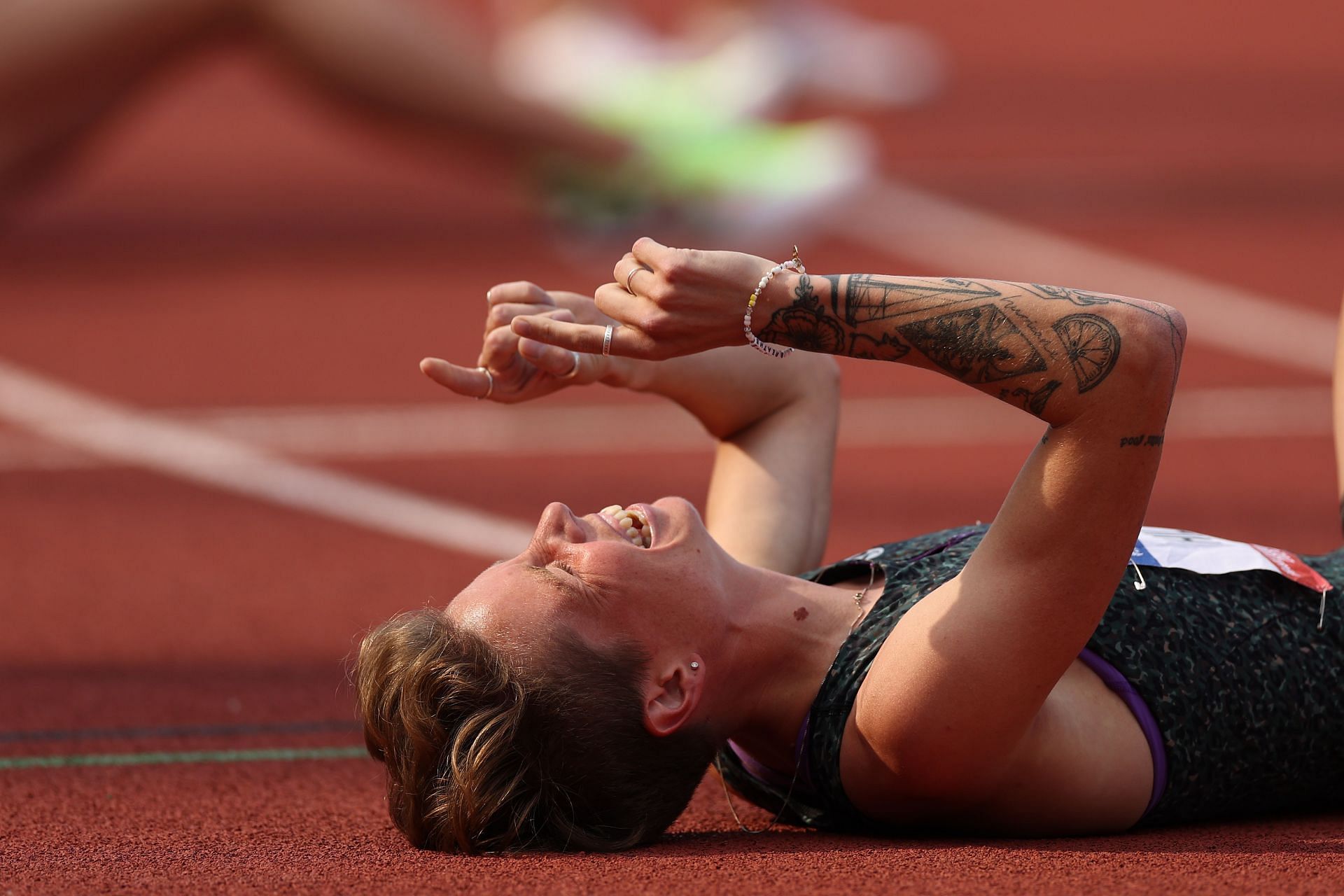 Nikki Hiltz celebrates after winning the women&#039;s 1500m final at the 2024 U.S. Olympic Team Track &amp; Field Trials in Eugene, Oregon. (Photo by Getty Images)