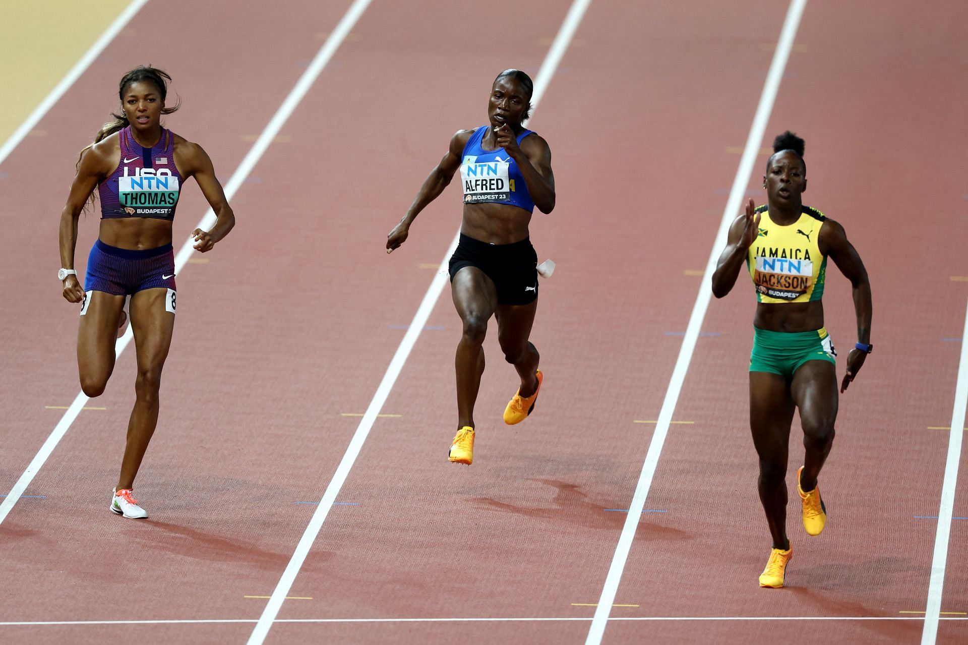 Gabby Thomas, Julien Alfred and Shericka Jackson on Day 7 at the World Athletics Championships Budapest 2023/Getty Images