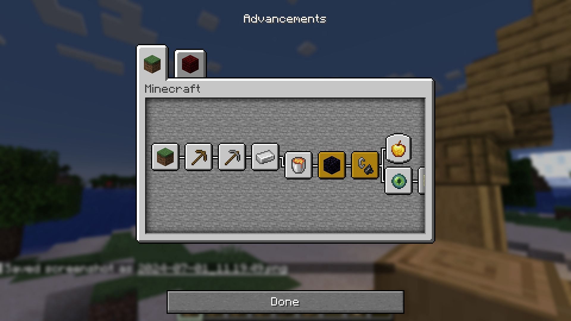 The advancement interface found on Java Edition (Image via Mojang)