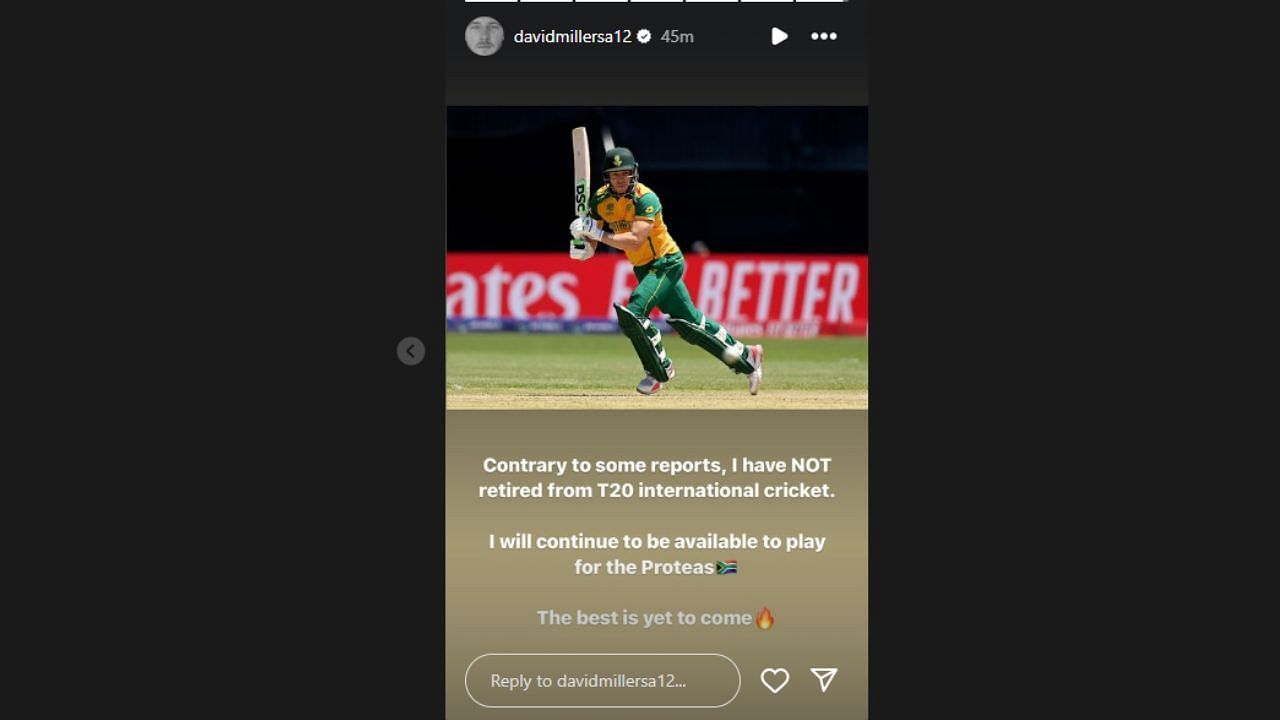 डेविड मिलर की इंस्टाग्राम स्टोरी का स्क्रीनशॉट (Photo Credit: Instagram/@davidmillersa12)