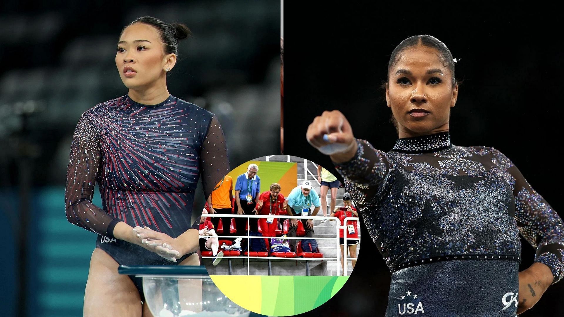 Suni Lee (L) and Jordan Chiles (R) in action at the Paris Olympics with Bela and Martha Karolyi (center) -Source-Getty Images and USA Gymnastics 