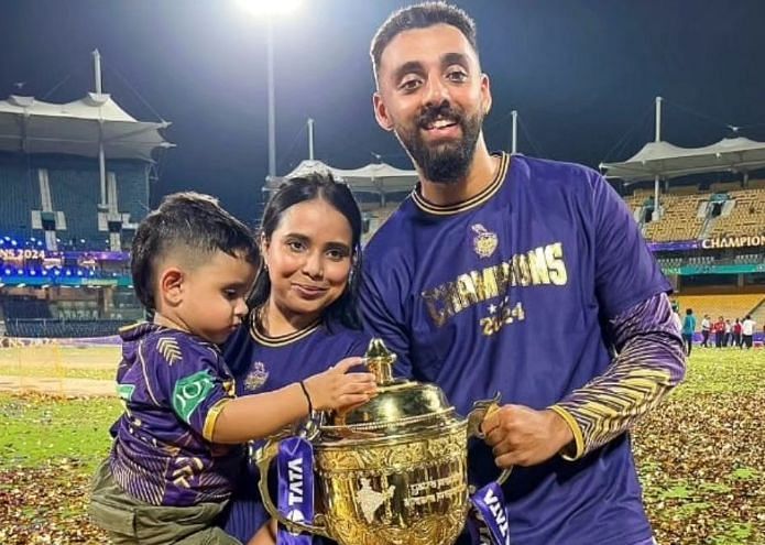 Varun Chakravarthy with wife Neha Khedekar and son Aathman after winning IPL 2024 (Image Credits: Varun Chakravarthy&#039;s Instagram)