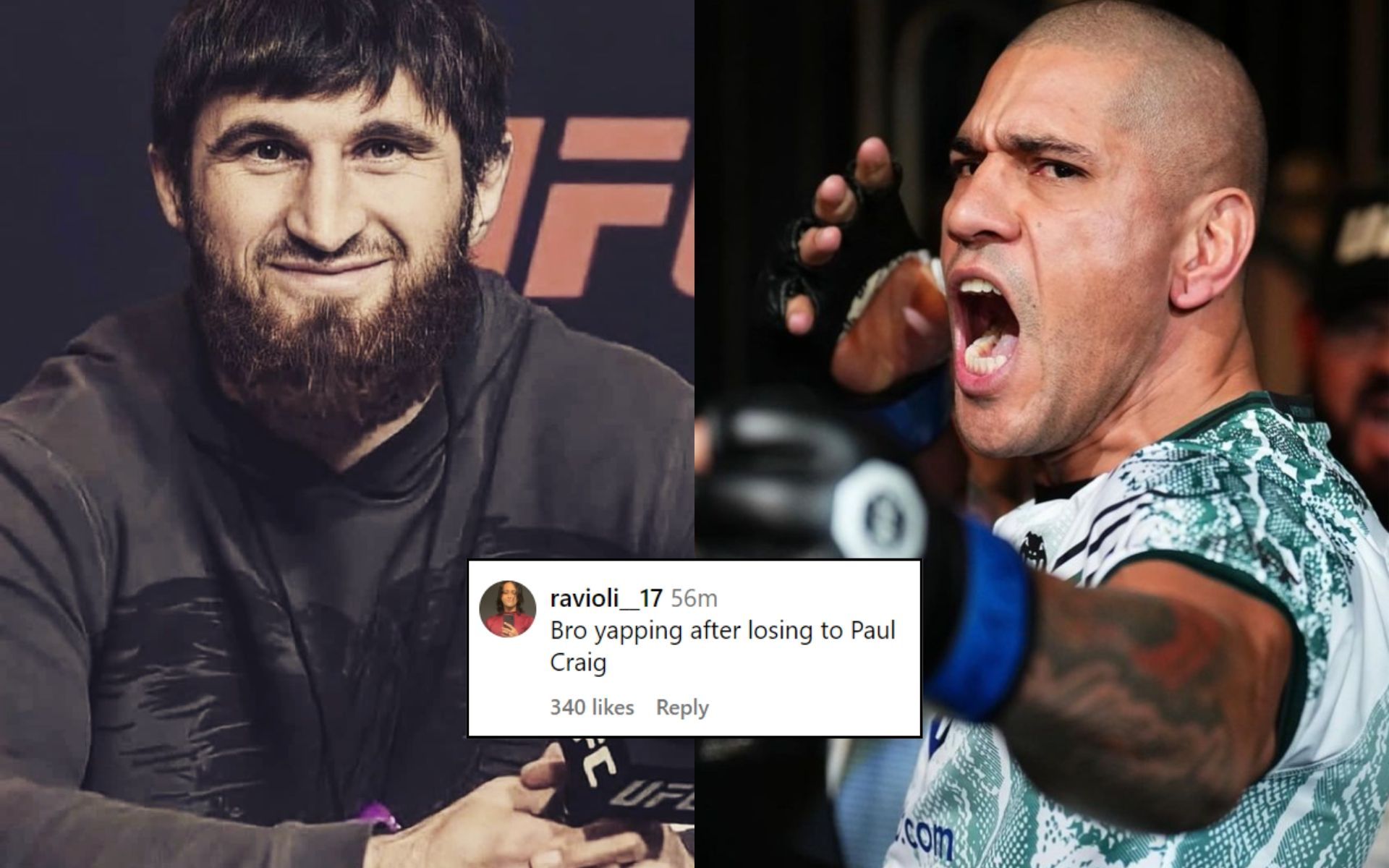 Fans react (insert) to Magomed Ankalaev (left) and his criticism of Alex Pereira (right). [Image credit: @mmajunkie, @ankalaev_magomed, and @alexpoatanpereria on Instagram]