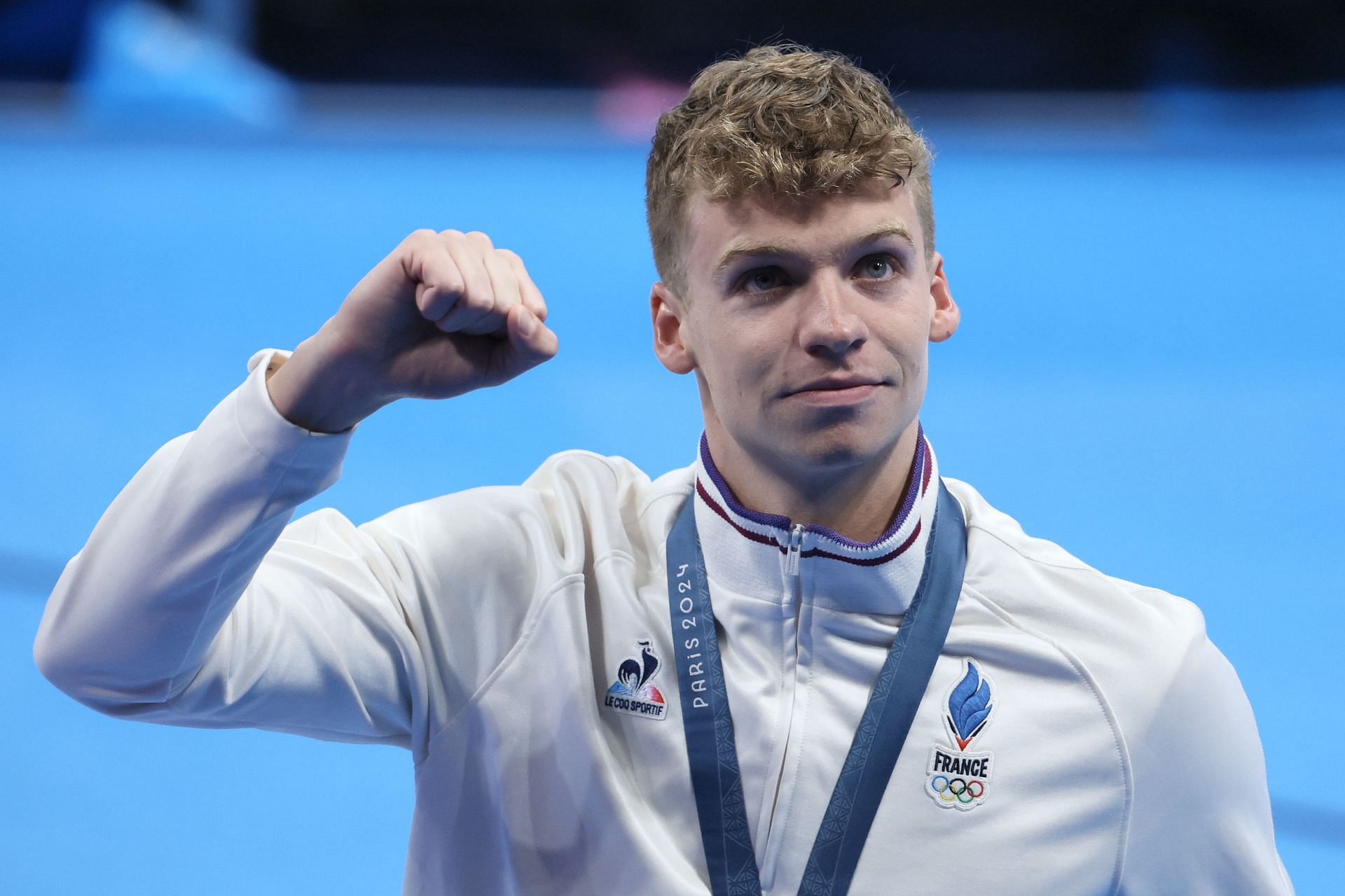 Leon Marchand celebrates following the Swimming medal ceremony after the Men&rsquo;s 400m Individual Medley at the Paris Olympics in France. (Photo by Getty Images)