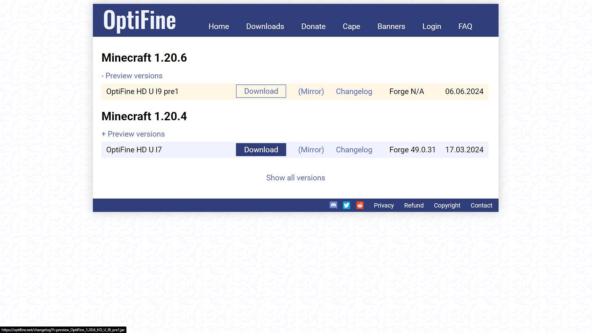 OptiFine is still stuck in 1.20.6 development (Image via OptiFine)