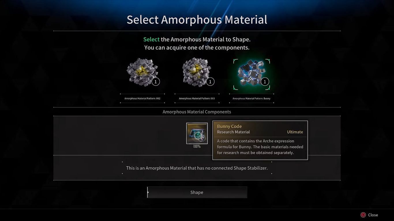 Make sure to pick the Bunny Code when you open the Amorphous Material (Image via Nexon)