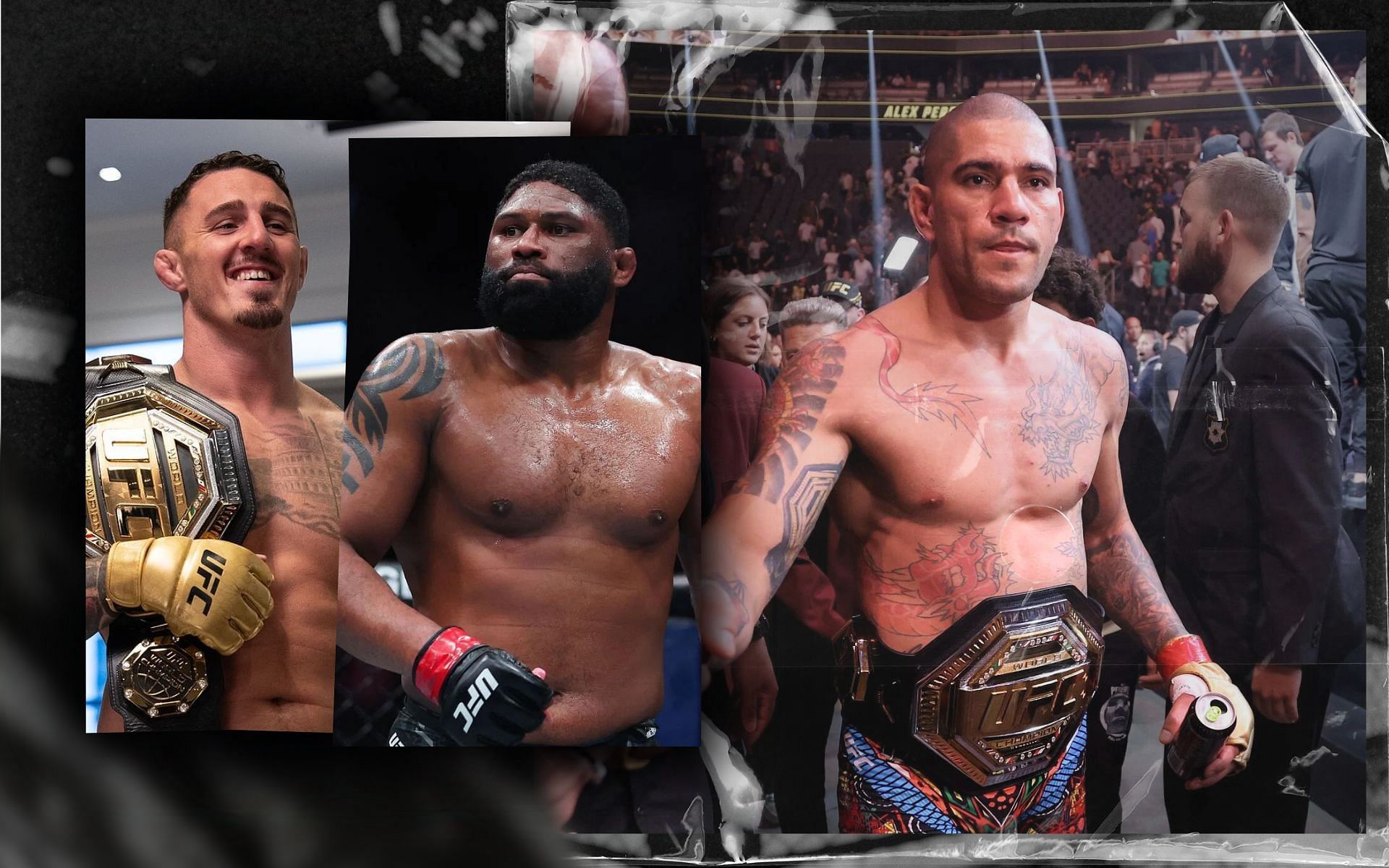 Tom Aspinall (left) and Curtis Blaydes (center) describes Alex Pereira (right) in the UFC  [Image courtesy: @tomaspinallofficial on Instagram; Getty Images]