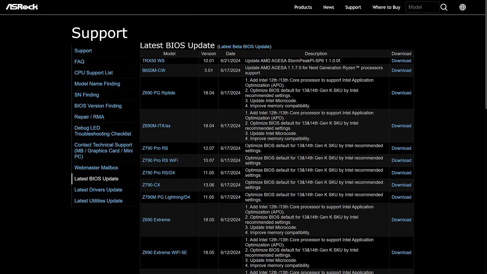 ASRock&#039;s BIOS Support section (Image via ASRock)