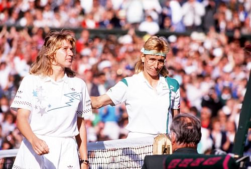 Steffi Graf (L) and Martina Navratilova pictured at Wimbledon 1988