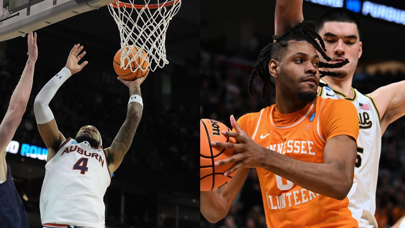 Auburn center Johni Broome and Arkansas center Jonas Aidoo will be two of the SECs top big men this year. (Photo Credits: Broome by Kirby Lee-- USA TODAY Sports, Aidoo by Lon Horwedel-- USA TODAY Sports). 