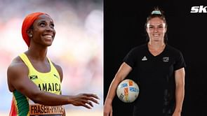 Shelly-Ann Fraser-Pryce cheers for Michaela Blyde during her match against China at the Paris Olympics after making her dream come true