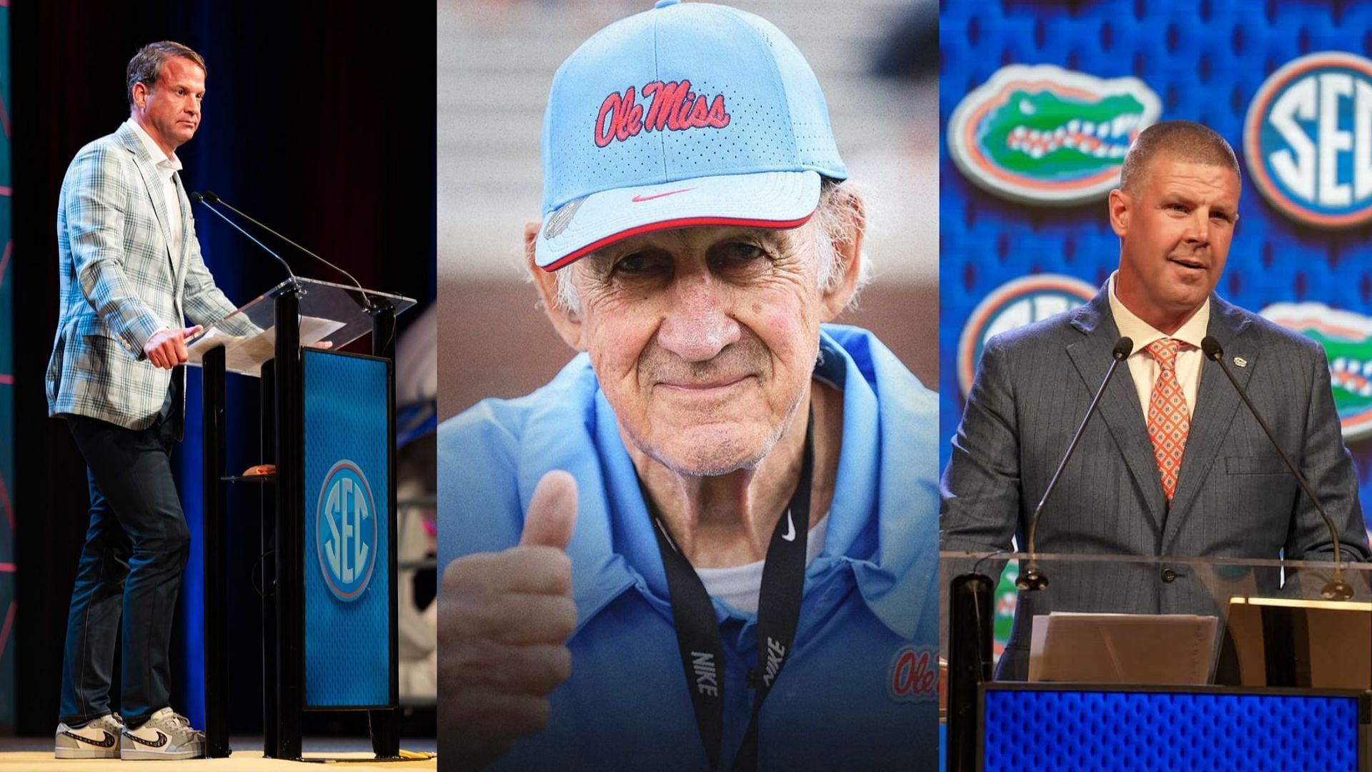 Coach Lane Kiffin, his father Monte Kiffin and coach Billy Napier