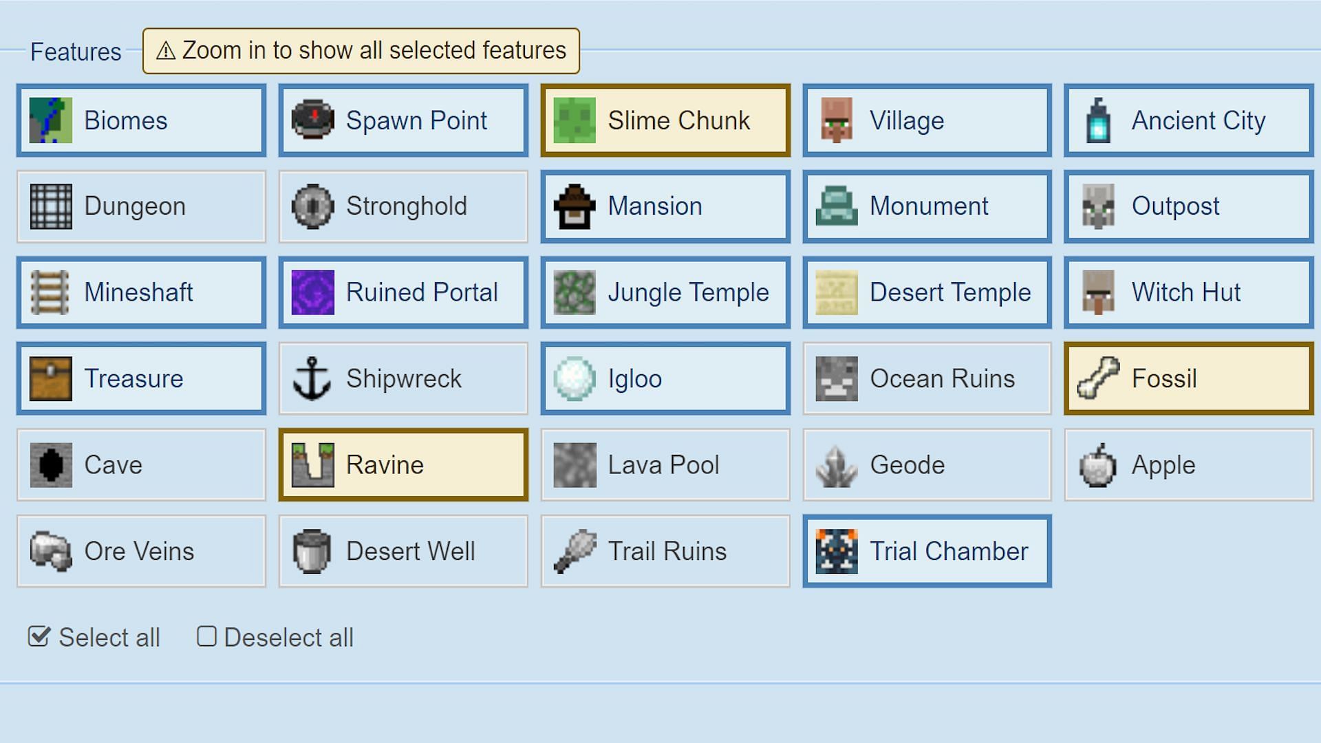 The selection of structure toggles on ChunkBase (Image via ChunkBase)