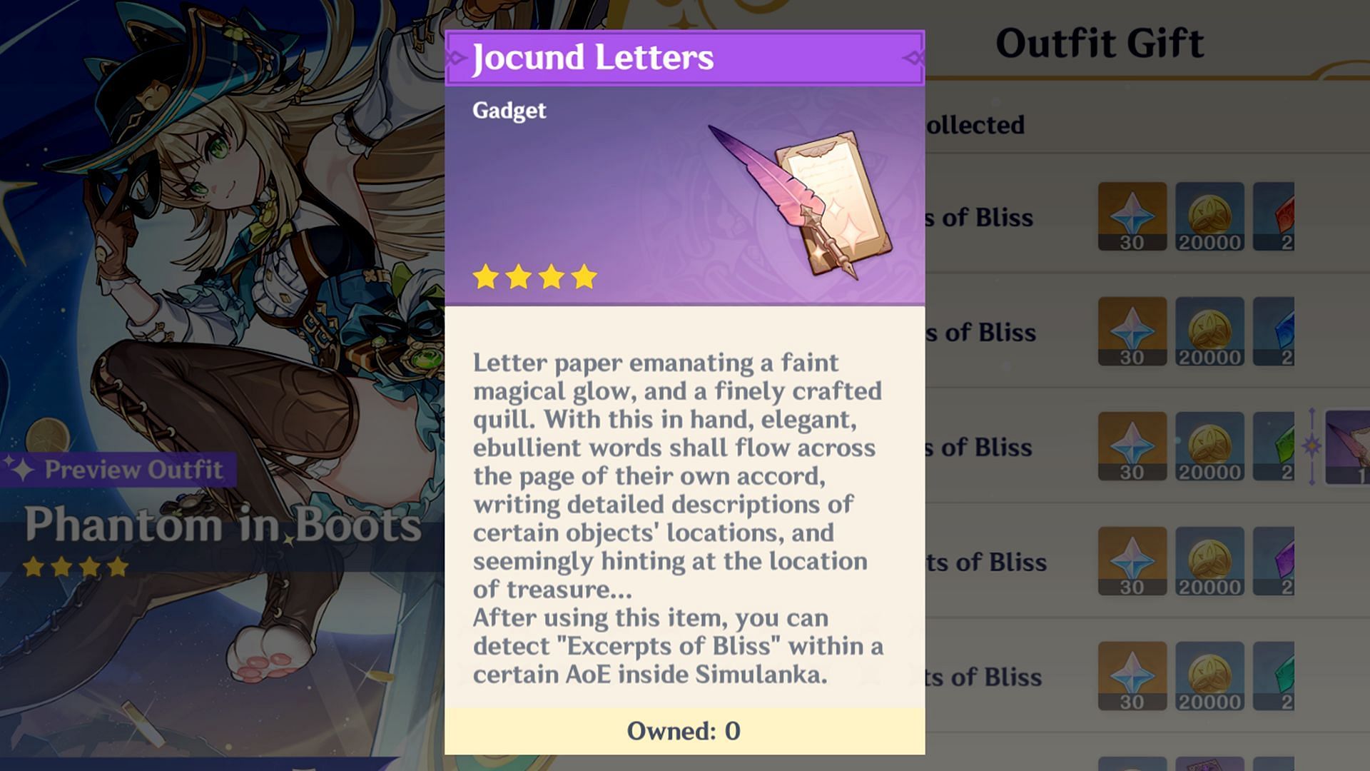 The Jocund Letters Gadget can search for Excerpts of Bliss (Image via HoYoverse)