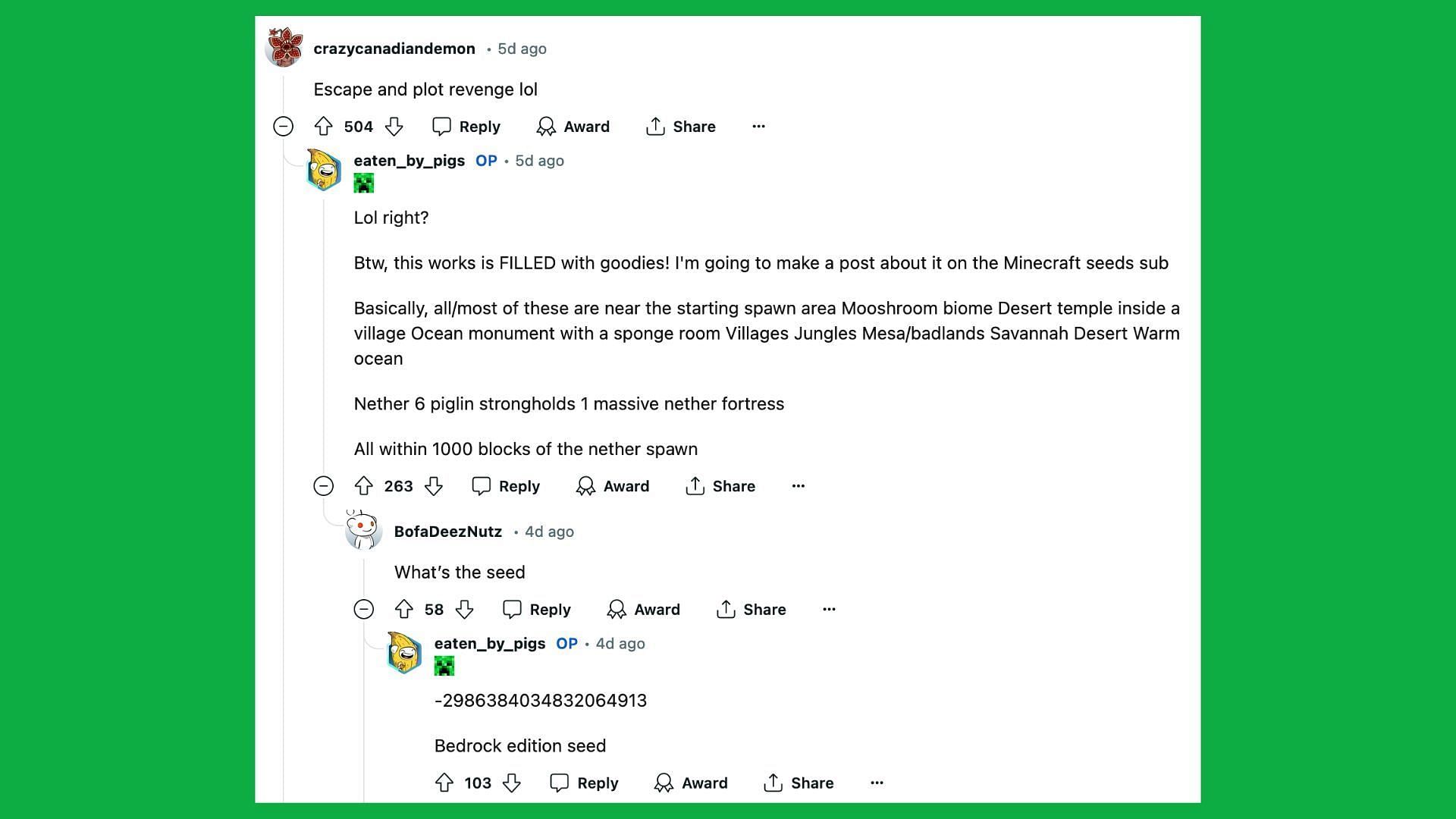 Reddit reacts to the bizarre spawn in Minecraft (Image via Reddit/eaten_by_pigs/Mojang Studios)