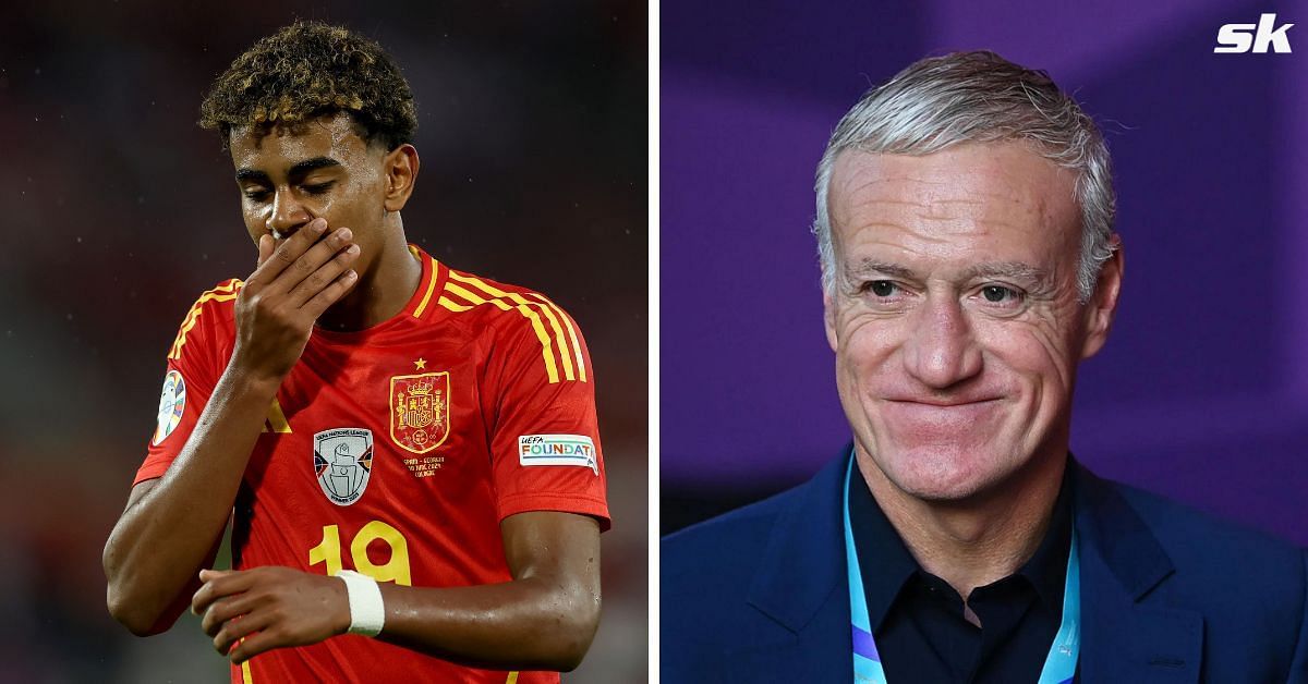 Spain midfielder Lamine Yamal (left) and France boss Didier Deschamps