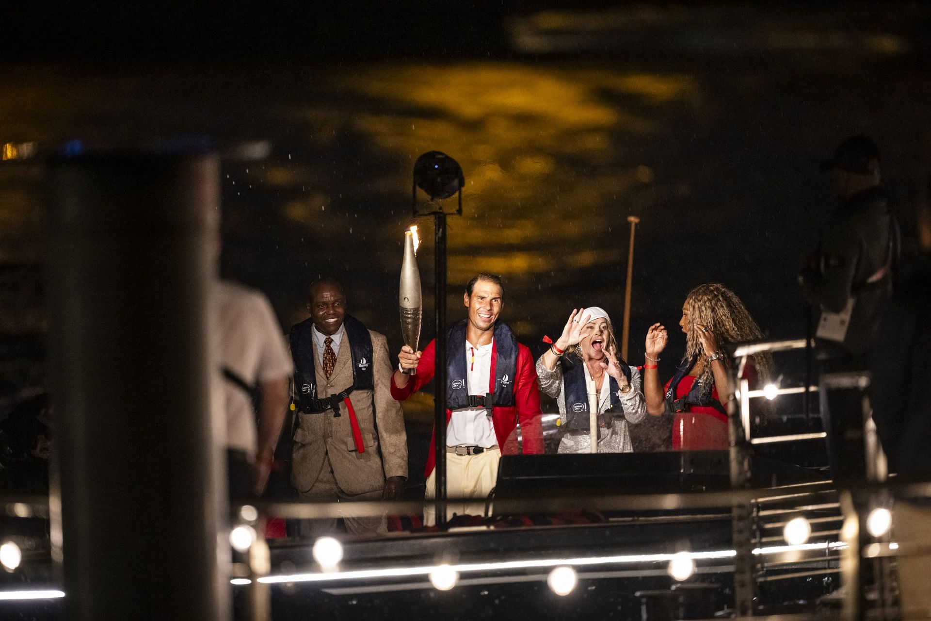 Carl Lewis, Rafael Nadal, Nadia Comaneci, and Serena Williams as part of the Opening Ceremony of the Paris Olympics | Tom Weller/VOIGT/Getty