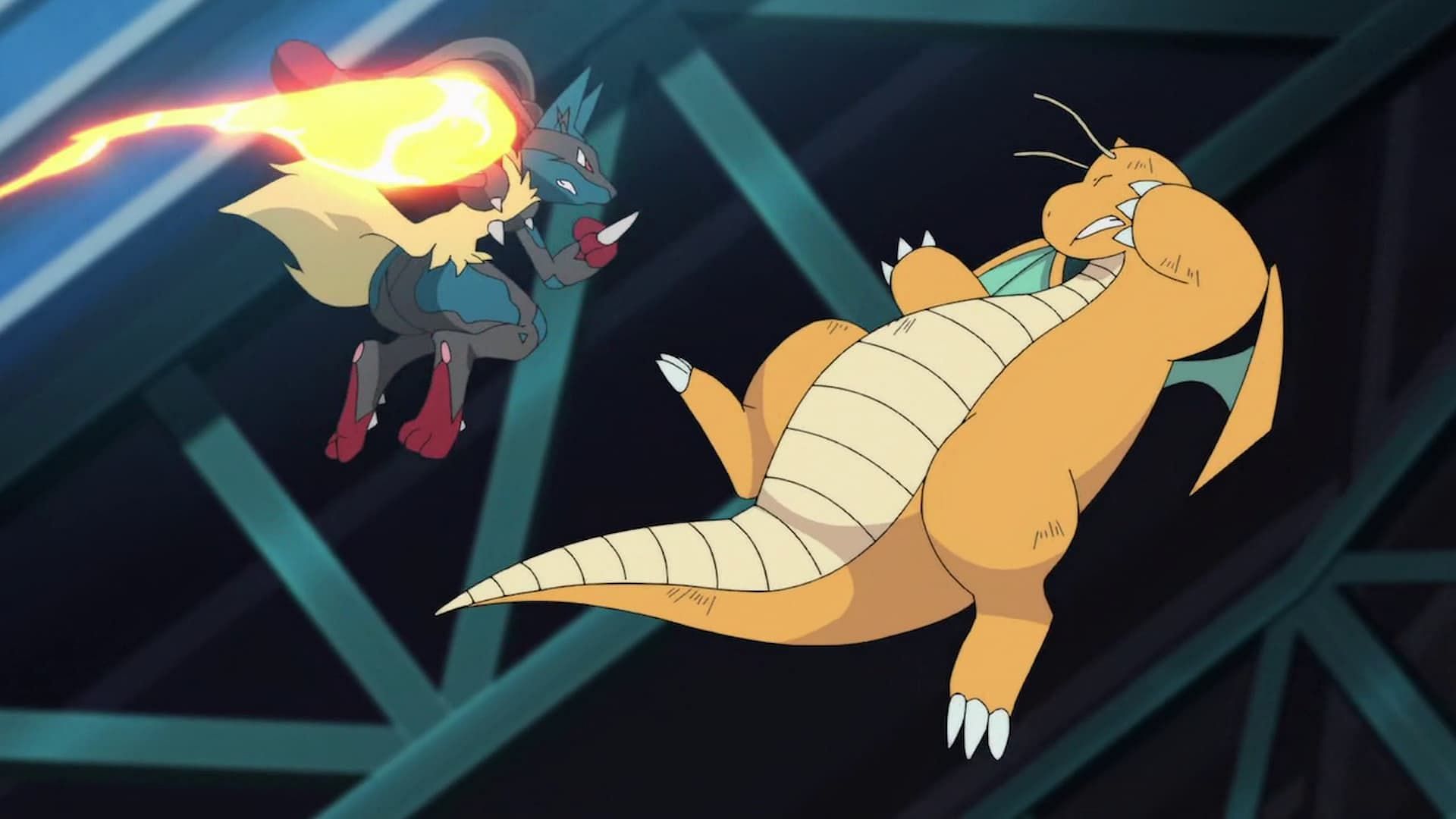 Korrina&rsquo;s Mega Lucario vs Ash&#039;s Dragonite (Image via The Pokemon Company)