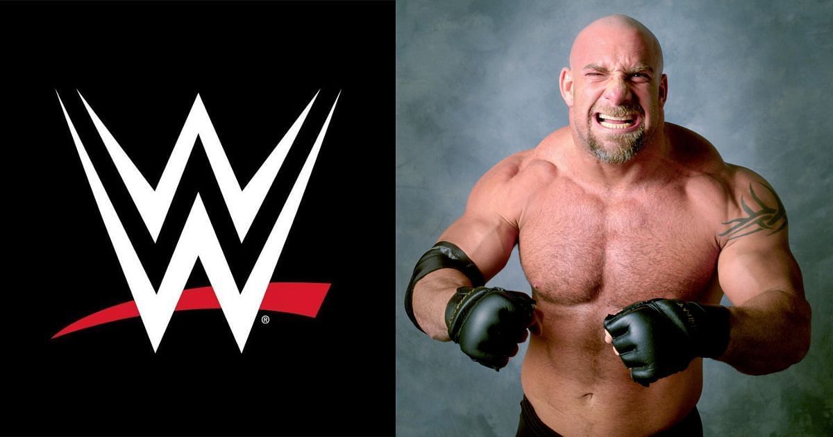 WWE logo (left) and Goldberg (right) via WWE gallery